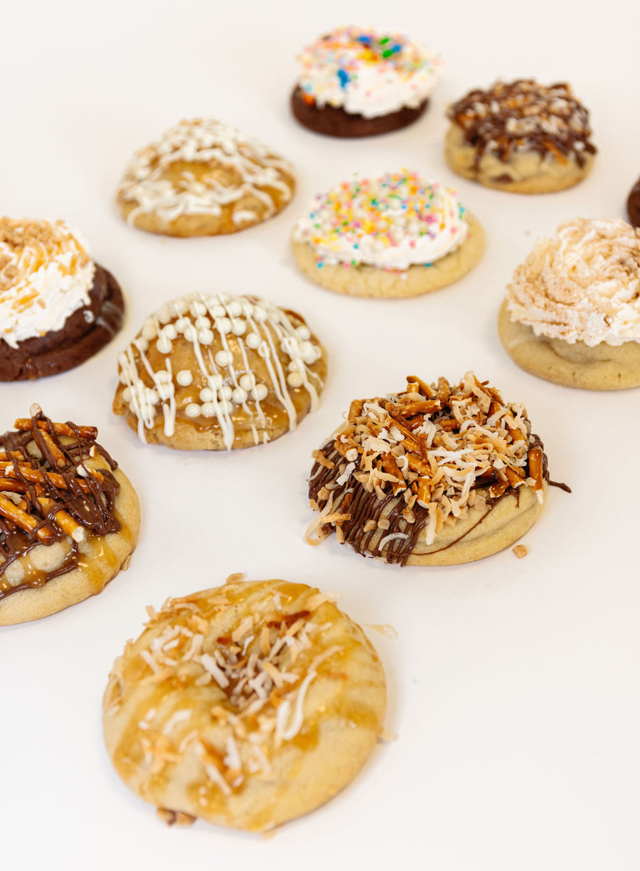 An overhead spread of freshly baked Chip gourmet cookies